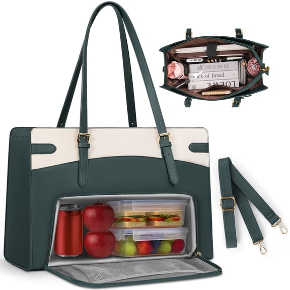 RAINSMORE Lunch Tote Bag for Women,15.6-inch Laptop Bag for Work with Insulated Lunch Compartment 2 in 1 Lunch Tote Large Capacity Computer Handbag for Work,Teacher, Nurse, Office, Collage, Casual