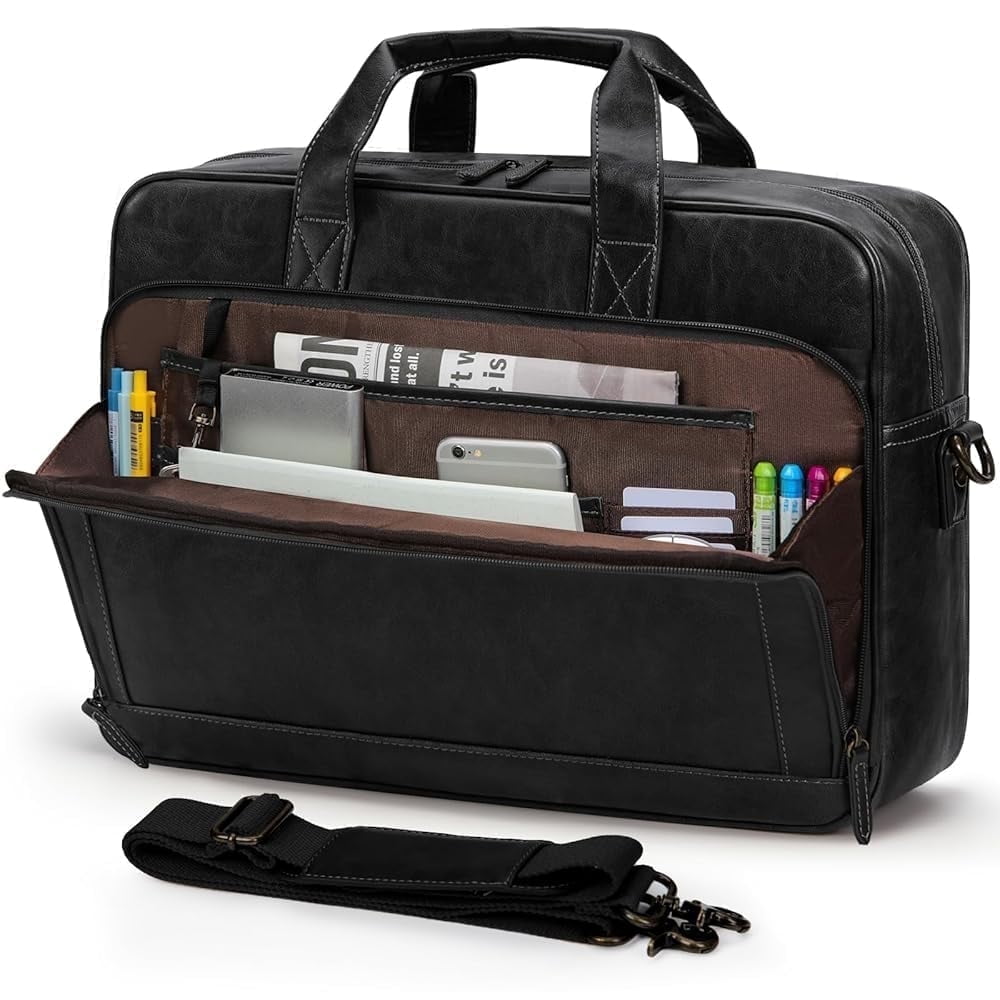 RAINSMORE Mens Laptop Bag 16 Inch Leather Briefcase Vintage Messenger Bag for Men Large Crossbody Shoulder Office Computer Bag Retro College Satchel Bag for Work, Business,Travel,Black