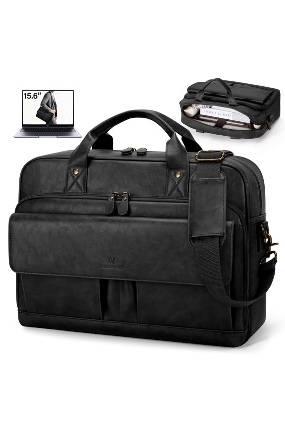 RAINSMORE Mens Messenger Bag 15.6 Inch Laptop Bag PU Leather Briefcase Vintage Computer Satchel Bag for Work Business,Black