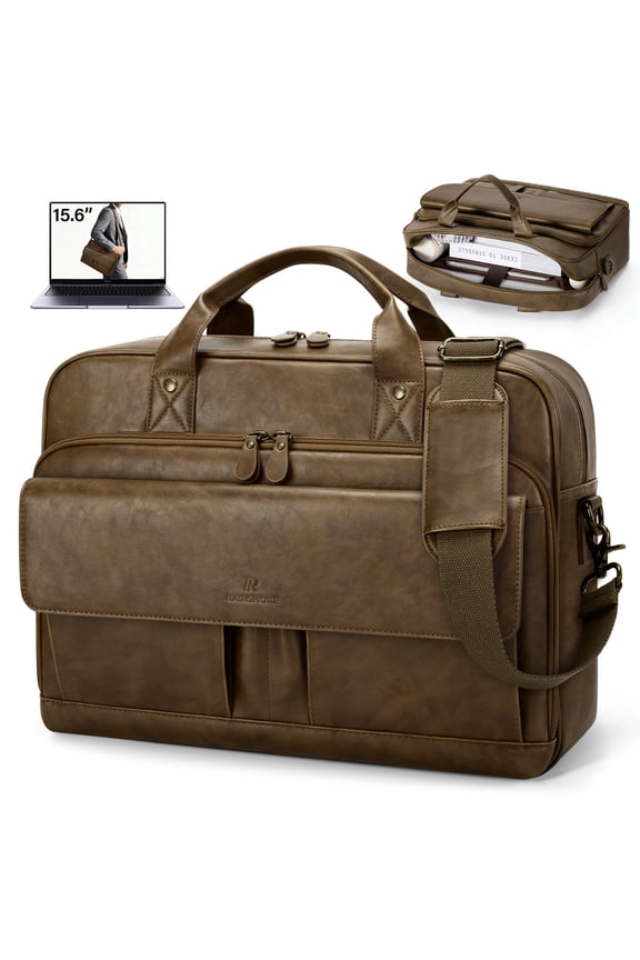 RAINSMORE Mens Messenger Bag 15.6 Inch Laptop Bag PU Leather Briefcase Vintage Computer Satchel Bag for Work Business,Dark brown