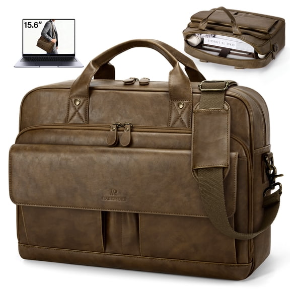 RAINSMORE Mens Messenger Bag 15.6 Inch Laptop Bag PU Leather Briefcase Vintage Computer Satchel Bag for Work Business,Dark brown