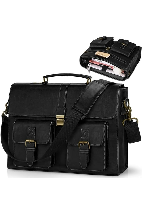 Mens Messenger Bag 15.6 Inch Leather Vintage Laptop Briefcase Waterproof Computer Laptop Bag Leather Satchel Bag Large Shoulder Bag for Office Work Travel College,Black