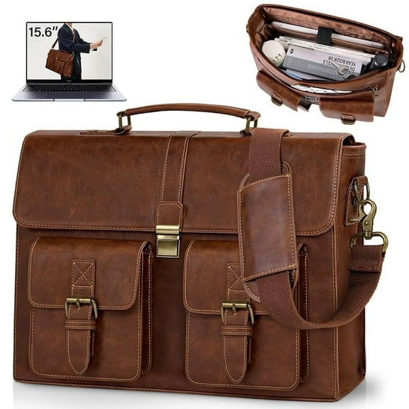 RAINSMORE Mens Messenger Bag 15.6 Inch Leather Vintage Laptop Briefcase Waterproof Computer Laptop Bag Leather Satchel Bag Large Shoulder Bag for Office Work Travel College,Brown