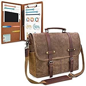 RAINSMORE Mens Messenger Bag 15.6 Inch Waterproof Vintage Genuine Leather Canvas Briefcase Satchel Shoulder Bag Large Leather Computer Laptop Bag,Brown