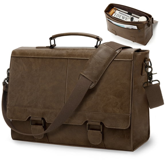RAINSMORE Mens Messenger Bag 15.6 inch Laptop Bag with Padded Vintage PU Leather Briefcase for Men Satchel for Work Business Office Travel,Brown