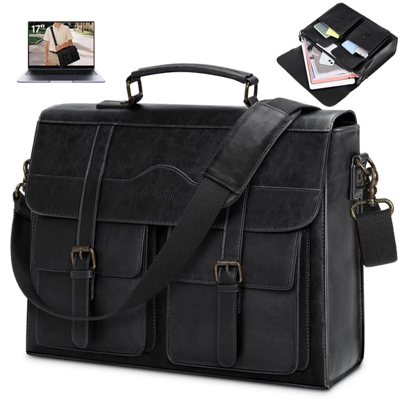 RAINSMORE Mens Messenger Bag 17 Inch Vintage Leather Laptop Bag Magnetic Closure Large Satchel Computer Briefcase Shoulder Bag,Black