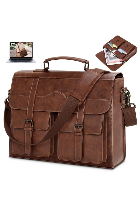 RAINSMORE Mens Messenger Bag 17 Inch Vintage Leather Laptop Bag Magnetic Closure Large Satchel Computer Briefcase Shoulder Bag,Brown