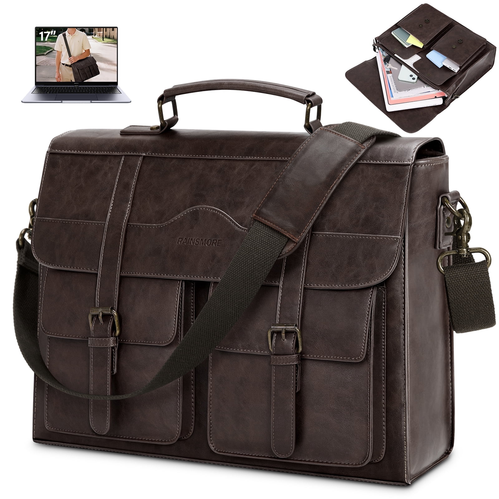 RAINSMORE Mens Messenger Bag 17 Inch Vintage Leather Laptop Bag Magnetic Closure Large Satchel Computer Briefcase Shoulder Bag,Coffee