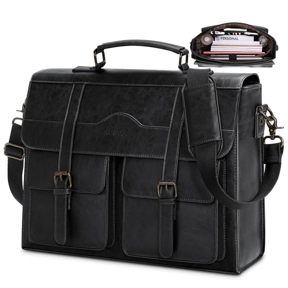 RAINSMORE Mens Messenger Bag 17 Inch Vintage Leather Laptop Briefcase Magnetic Closure Large Satchel Computer Shoulder Bag,Black
