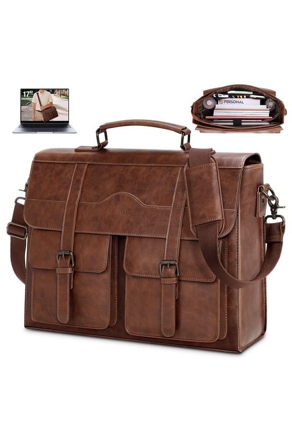 Mens Messenger Bag 17 Inch Vintage Leather Laptop Briefcase Magnetic Closure Large Satchel Computer Shoulder Bag,Brown