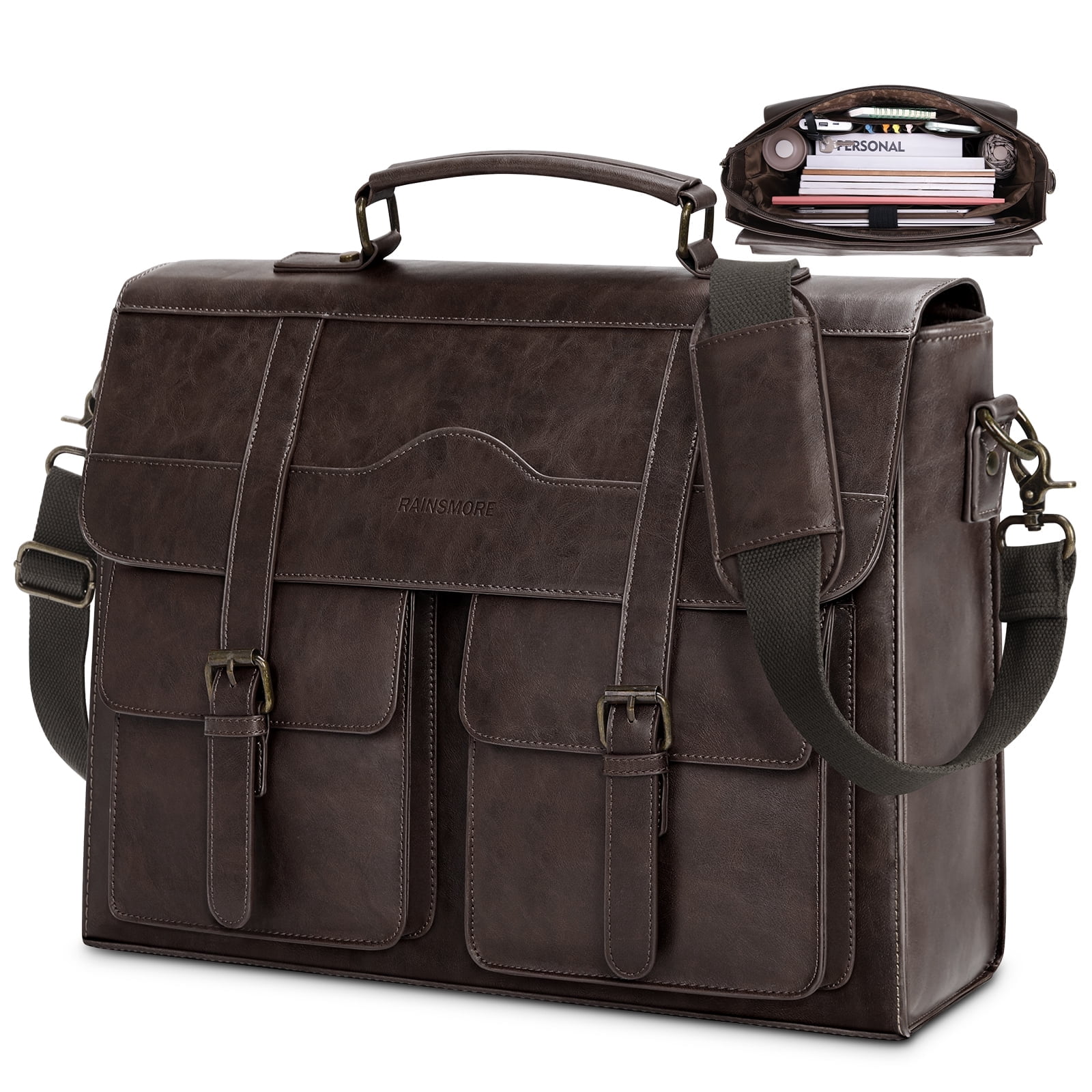 RAINSMORE Mens Messenger Bag 17 Inch Vintage Leather Laptop Briefcase Magnetic Closure Large Satchel Computer Shoulder Bag,Coffee