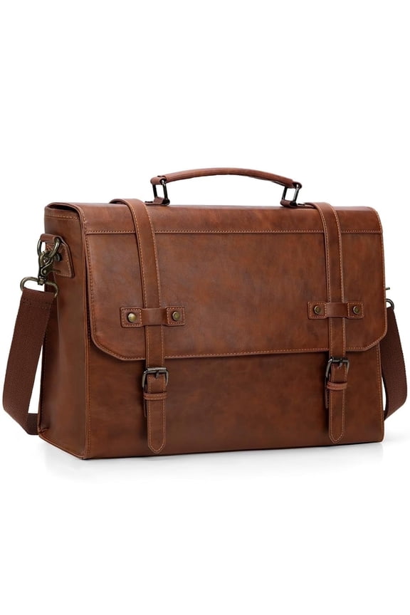 Men Messenger Bag 18-inch Leather Laptop Briefcase Laptop Satchel Shoulder Bag for Office Business Travel College,Brown