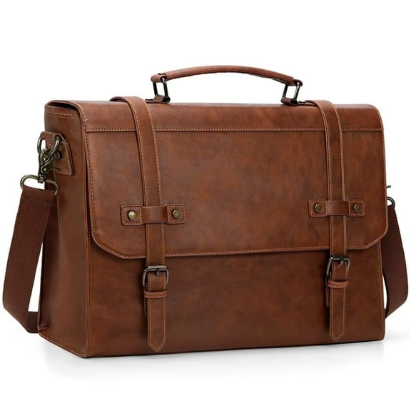 RAINSMORE Men Messenger Bag 18-inch Leather Laptop Briefcase Laptop Satchel Shoulder Bag for Office Business Travel College,Brown
