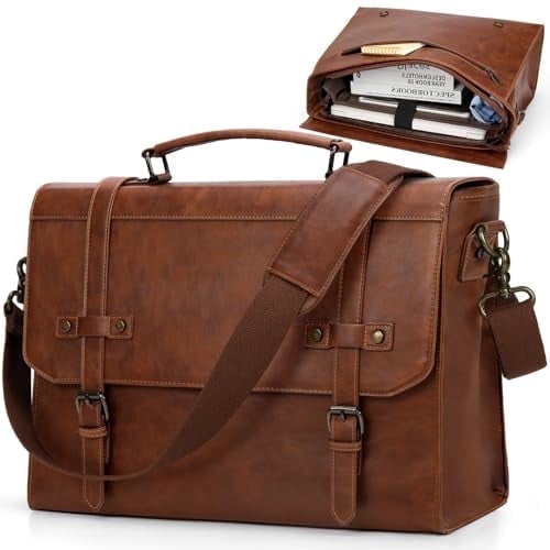 RAINSMORE Mens Messenger Bag 17 Inch Waterproof Vintage Leather Laptop Briefcase Large Laptop Bag Satchel Bag Computer Shoulder Bag for Office Business Travel College,Browm