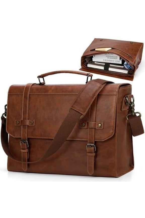 Mens Messenger Bag 17 Inch Waterproof Vintage Leather Laptop Briefcase Large Laptop Bag Satchel Bag Computer Shoulder Bag for Office Business Travel College,Browm