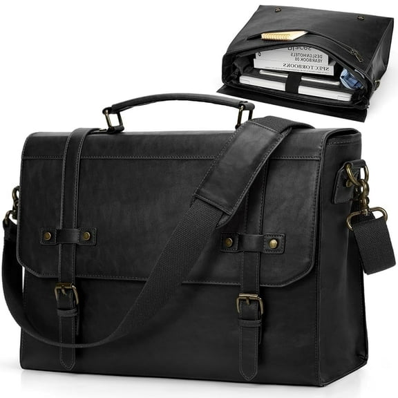 RAINSMORE Mens Messenger Bag 17 Inch Waterproof Vintage Leather Laptop Briefcase Large Laptop Bag Satchel Bag Computer Shoulder Bag for Office Business Travel College,Black