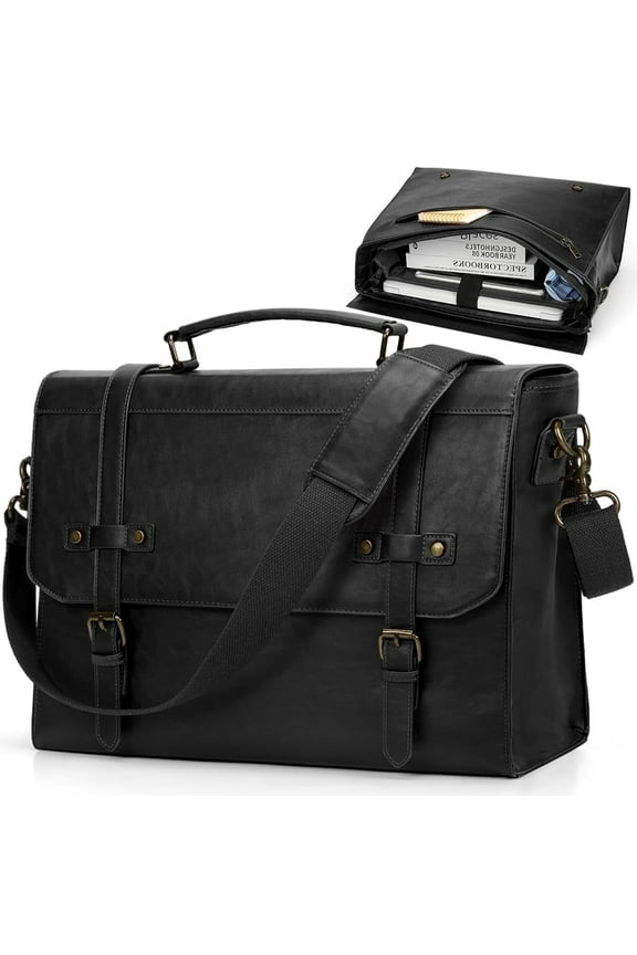 Mens Messenger Bag 17 Inch Waterproof Vintage Leather Laptop Briefcase Large Laptop Bag Satchel Bag Computer Shoulder Bag for Office Business Travel College,Black