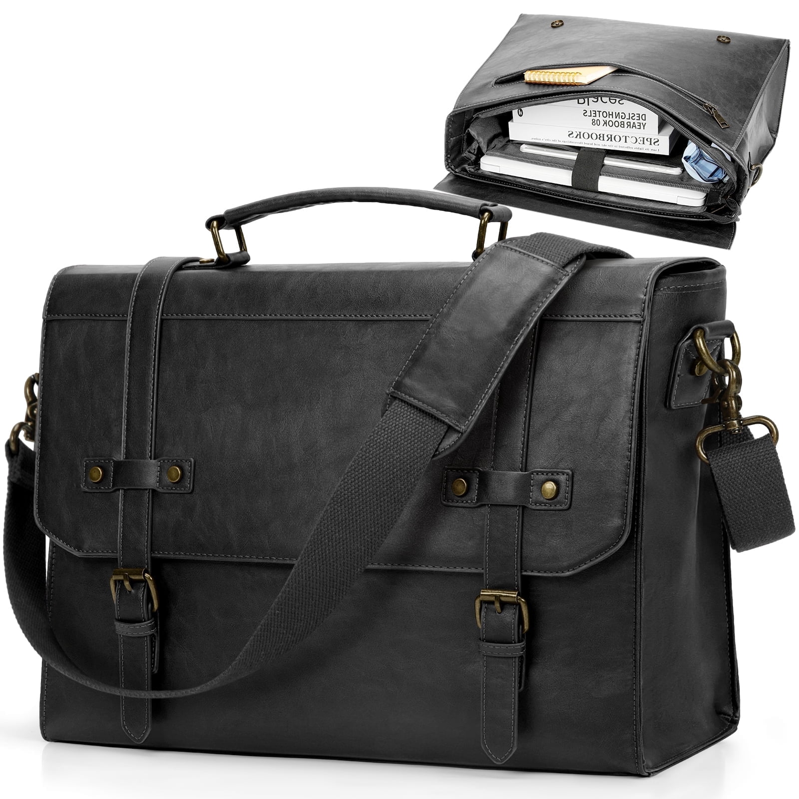 RAINSMORE Mens Messenger Bag 17 Inch Waterproof Vintage Leather Laptop Briefcase Satchel Bag Computer Shoulder Bag Large Laptop Bag for Office Business Travel College,Gray