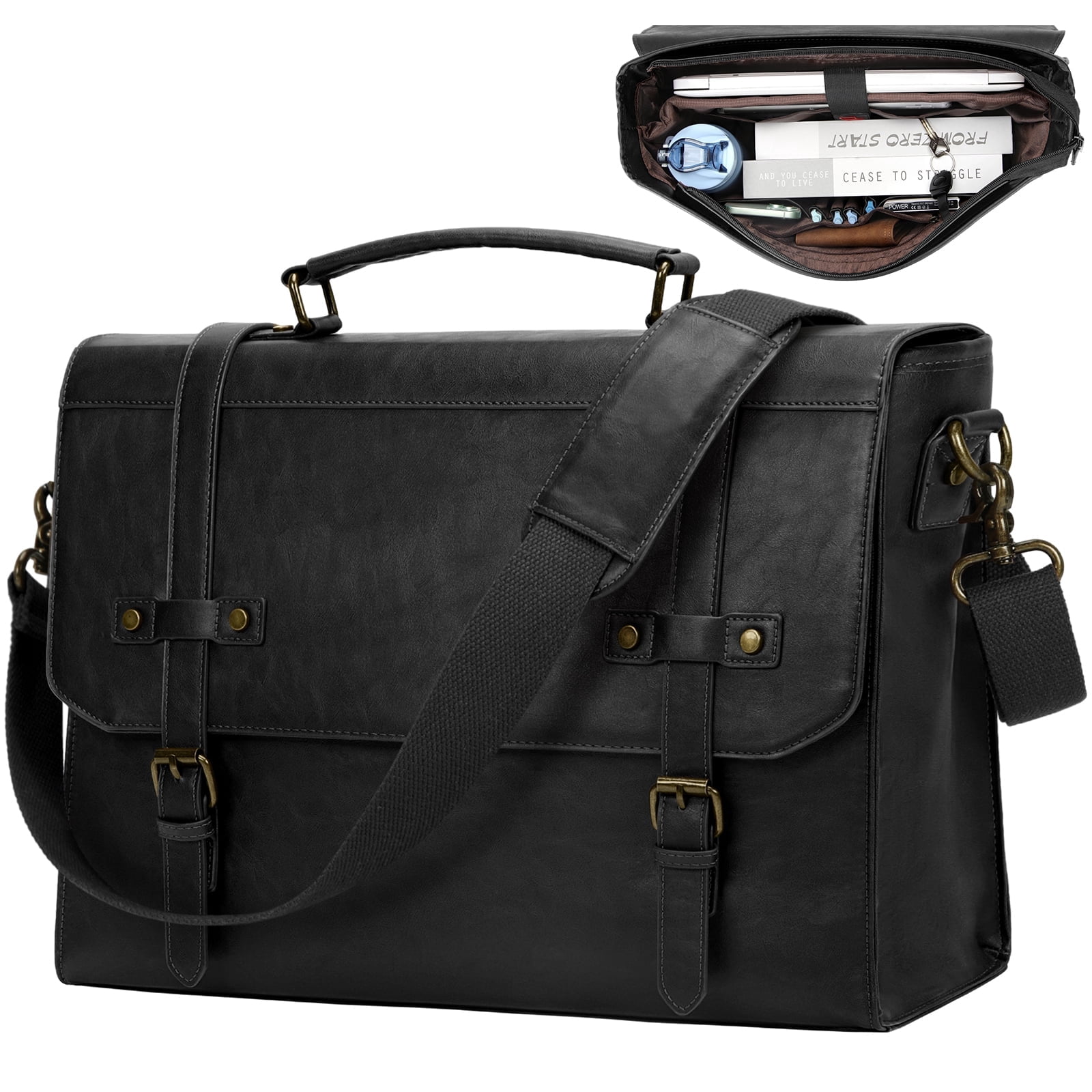 RAINSMORE Mens Messenger Bag 17 Inch Waterproof Vintage Leather Laptop Briefcase Satchel Bag Computer Shoulder Bag Large Laptop Bag for Office Business Travel College,Black