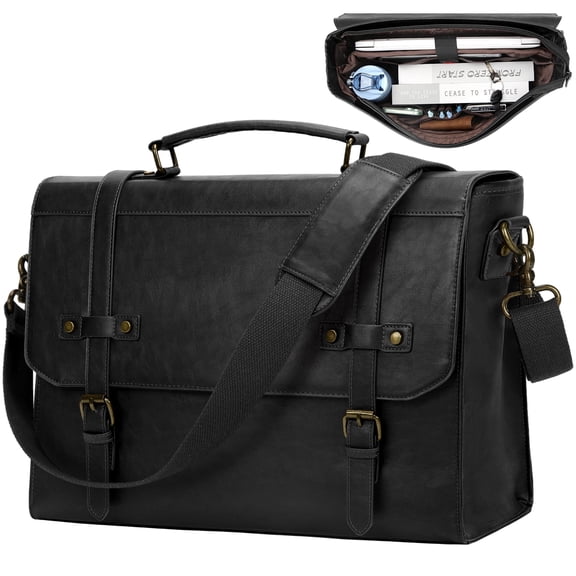 RAINSMORE Mens Messenger Bag 17 Inch Waterproof Vintage Leather Laptop Briefcase Satchel Bag Computer Shoulder Bag Large Laptop Bag for Office Business Travel College,Black