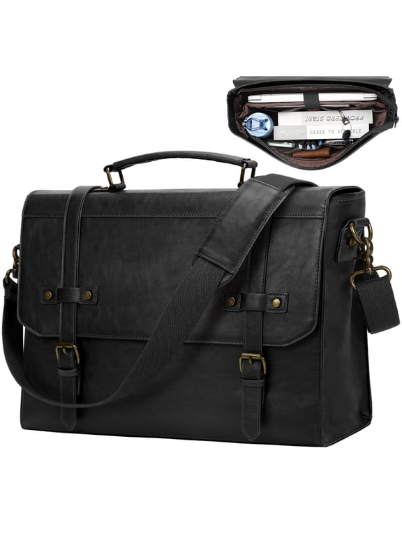 Mens Messenger Bag 17 Inch Waterproof Vintage Leather Laptop Briefcase Satchel Bag Computer Shoulder Bag Large Laptop Bag for Office Business Travel College,Black