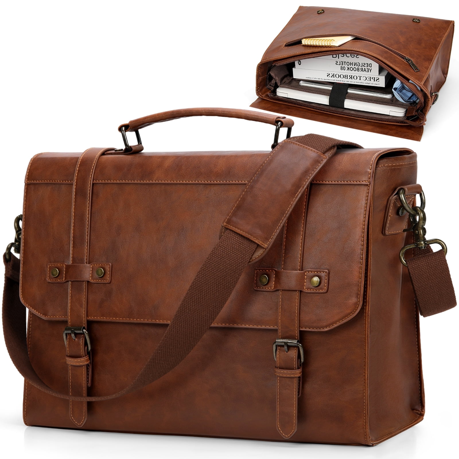 RAINSMORE Mens Messenger Bag 17 Inch Waterproof Vintage Leather Laptop Briefcase Satchel Bag Computer Shoulder Bag Large Laptop Bag for Office Business Travel College,Browm