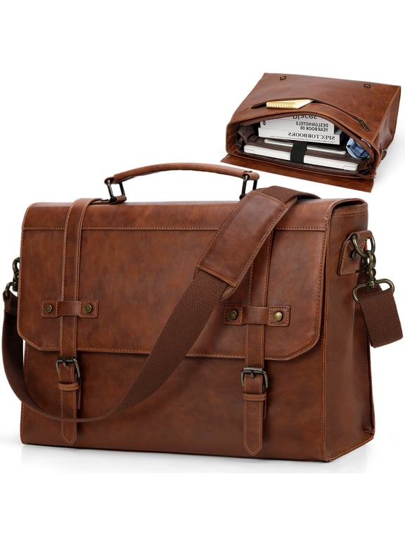 Mens Messenger Bag 17 Inch Waterproof Vintage Leather Laptop Briefcase Satchel Bag Computer Shoulder Bag Large Laptop Bag for Office Business Travel College,Browm