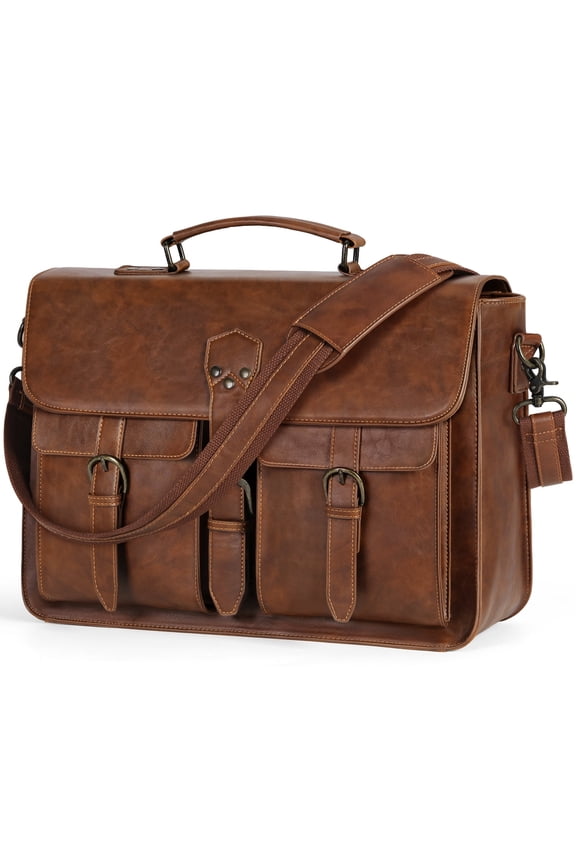RAINSMORE Messenger Bag for Men 15.6 Inch Laptop Bag Leather Briefcase Large Waterproof Satchel Bag Computer Shoulder Bag for Office Work College, Brown