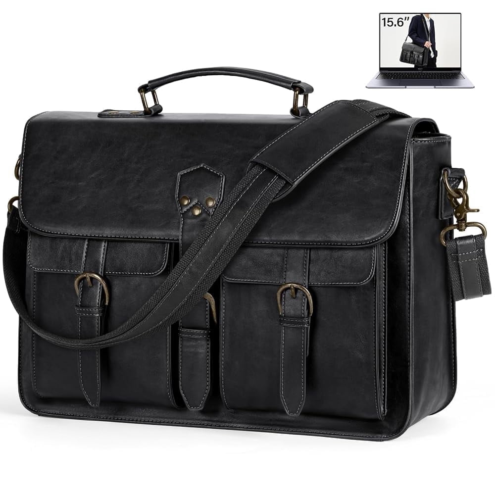 RAINSMORE Messenger Bag for Men 15.6 Inch Leather Vintage Laptop Briefcase Large Laptop Bag Waterproof Satchel Bag Computer Shoulder Bag for Office Work Travel College,Black