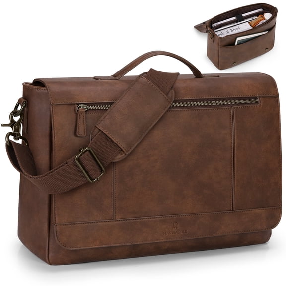 RAINSMORE Messenger Bag for Men 15.6 inch PU Leather Laptop Bag Vintage Briefcase Large Computer Bag Satchel Shoulder Bag for Work College Business Office,Brown