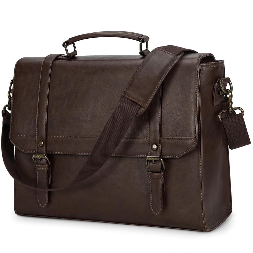 RAINSMORE Messenger Bag for Men 15.6 inch Vintage Leather Waterproof Laptop Briefcase Computer Laptop Bag Large Satchel Bag Retro Shoulder Bag for Office Business College,Coffee