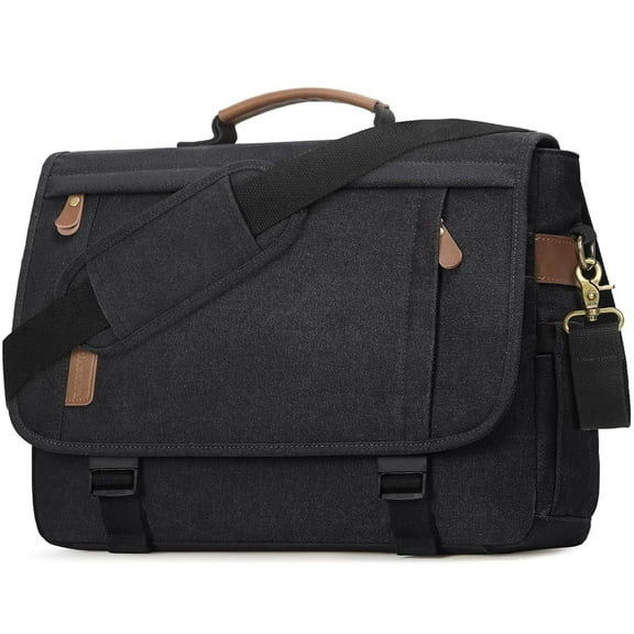 RAINSMORE Messenger Bag for Men 17-17.3 Inch Laptop Bag Water-resistant Canvas Computer Shoulder Bag Office Work Briefcase Large Casual Satchel Bags for Men Bookbag for College,Black