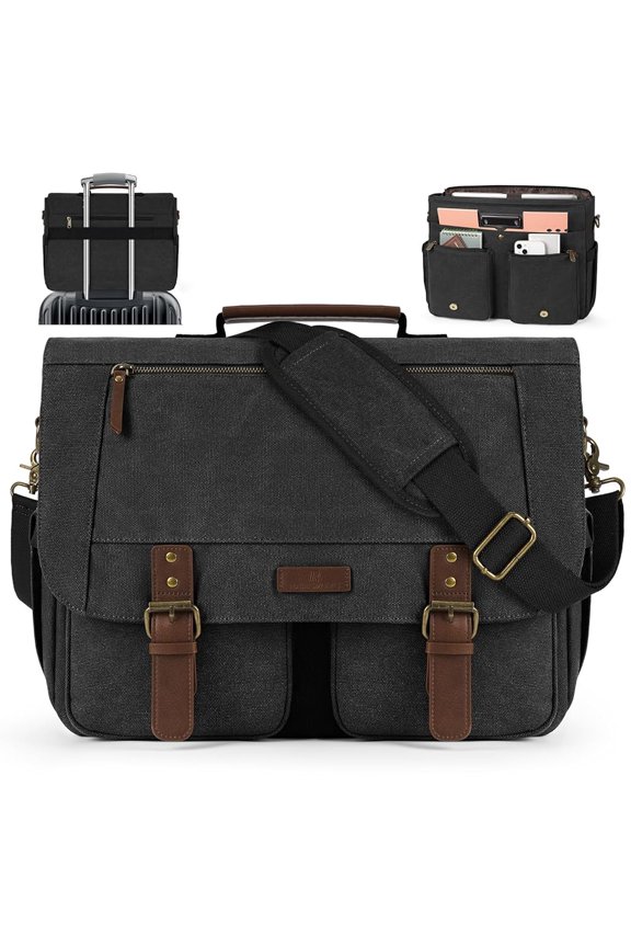 RAINSMORE Messenger Bag for Men 15.6inch Laptop Bag Water-resistant Canvas Computer Satchel Briefcase for Work College,Black