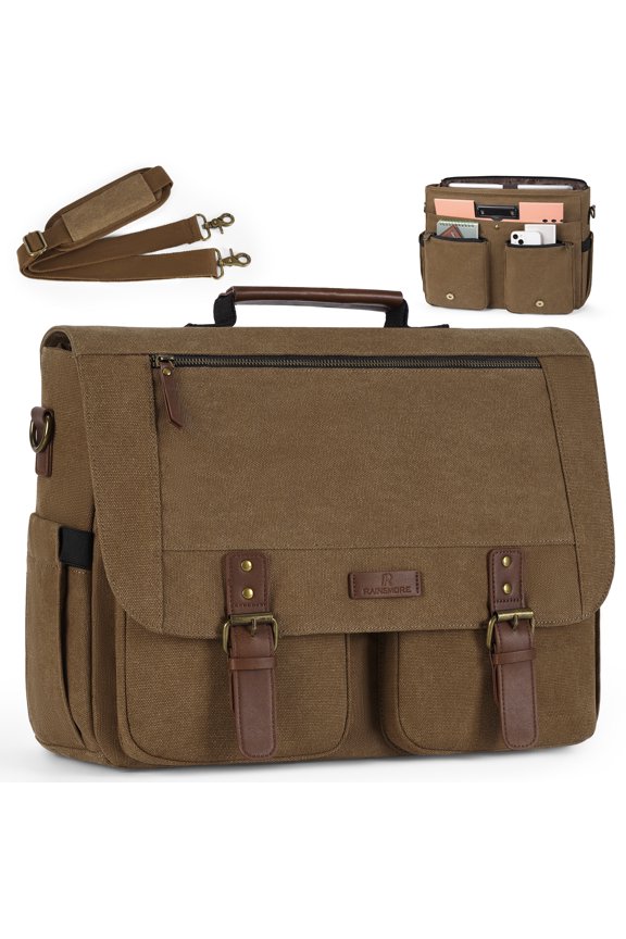 Messenger Bag for Men 15.6inch Laptop Bag Water-resistant Canvas Computer Satchel Briefcase for Work College,Brown