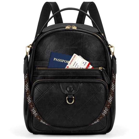 RAINSMORE Backpack Purse for Women PU Leather Backpack for Work Office Small Fashion Daypack for College Travel,Black