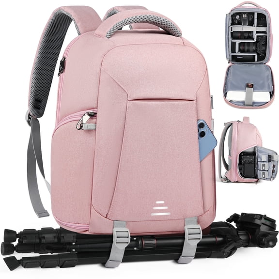 RAINSMORE Professional Camera Backpack Raincap for DSLR SLR Mirrorless Cameras, Waterproof Camera Case with 15.6 Inch Laptop Compartment & Tripod Holder, Pink