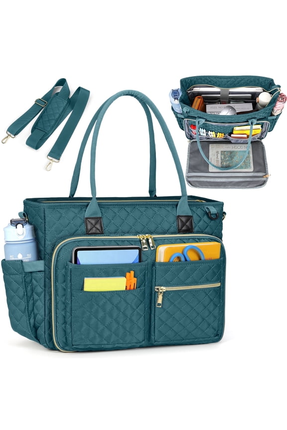 RAINSMORE Teacher Tote Bag 15.6 inch Laptop Bag for Women College Laptop Briefcase for Work Office Nurse Bag Professional Computer Messenger with Insulated Pocket,Dark Green