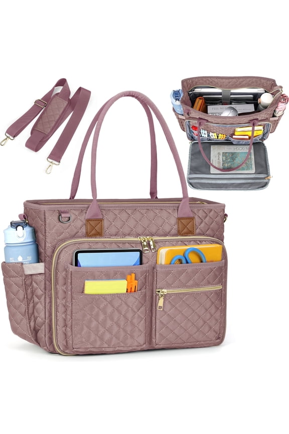 Teacher Tote Bag 15.6 inch Laptop Bag for Women College Laptop Briefcase for Work Office Nurse Bag Professional Computer Messenger with Insulated Pocket,Rubber powder