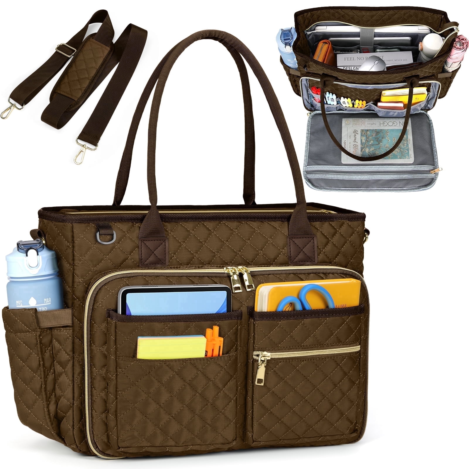 RAINSMORE Teacher Tote Bag 15.6 inch Laptop Bag for Women College Laptop Briefcase for Work Office Nurse Bag Professional Computer Messenger with Insulated Pocket,Coffee
