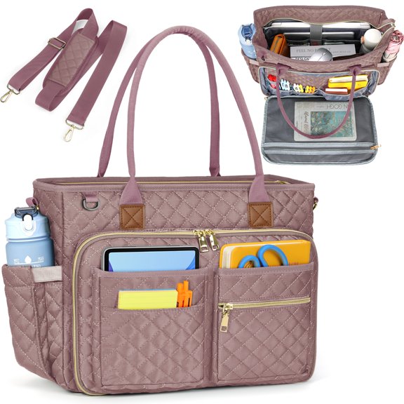 RAINSMORE Teacher Tote Bag 15.6 inch Laptop Bag for Women College Laptop Briefcase for Work Office Nurse Bag Professional Computer Messenger with Insulated Pocket,Rubber powder
