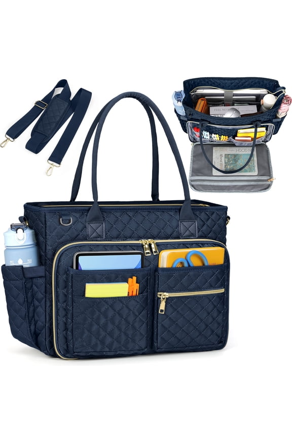 RAINSMORE Teacher Tote Bag 15.6 inch Laptop Bag for Women College Laptop Briefcase for Work Office Nurse Bag Professional Computer Messenger with Insulated Pocket,Dark Blue