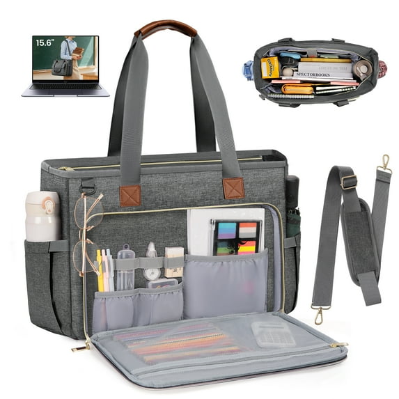 RAINSMORE Teacher Tote Bag 15.6 inch Laptop Bag for Women Nurse Bag Work Bags Laptop Tote Computer Briefcase Lightweight,Grey