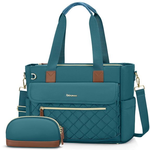 RAINSMORE Teacher Tote Bag 15.6 inch Laptop Bag for Women with Small Bag Professional Work Tote Bags Nurse Bag Computer Briefcase,Black white brown