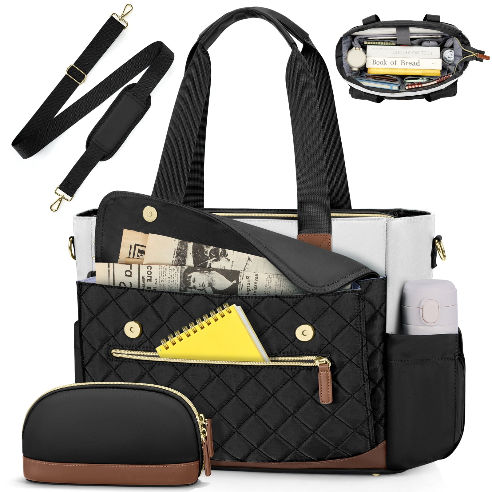 RAINSMORE Teacher Tote Bag 15.6 inch Laptop Bag for Women with Small Bag Professional Work Tote Bags Nurse Bag Computer Briefcase,Black/White/Brown