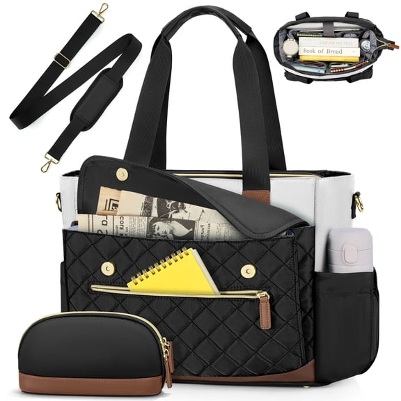 RAINSMORE Teacher Tote Bag 15.6 inch Laptop Bag for Women with Small Bag Professional Work Tote Bags Nurse Bag Computer Briefcase,Black/White/Brown