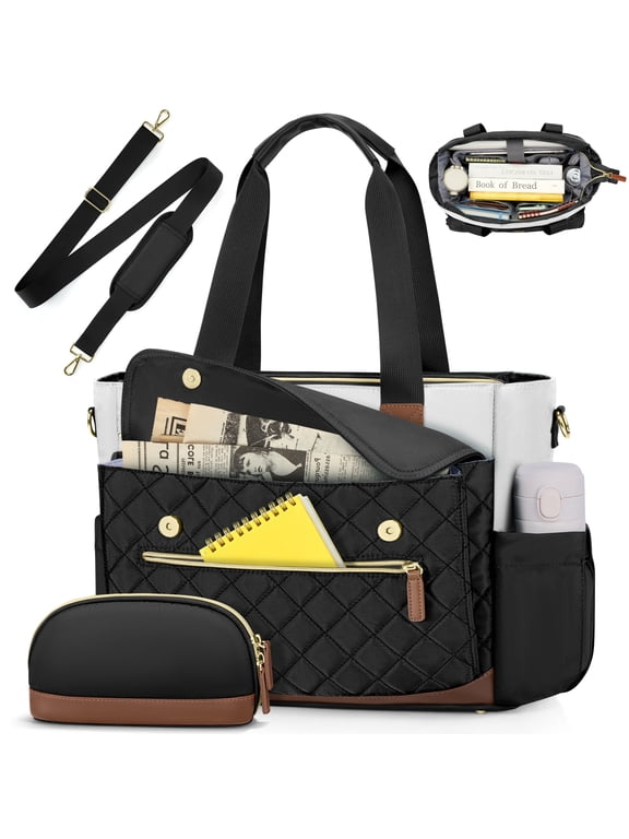 Teacher Tote Bag 15.6 inch Laptop Bag for Women with Small Bag Professional Work Tote Bags Nurse Bag Computer Briefcase,Black/White/Brown