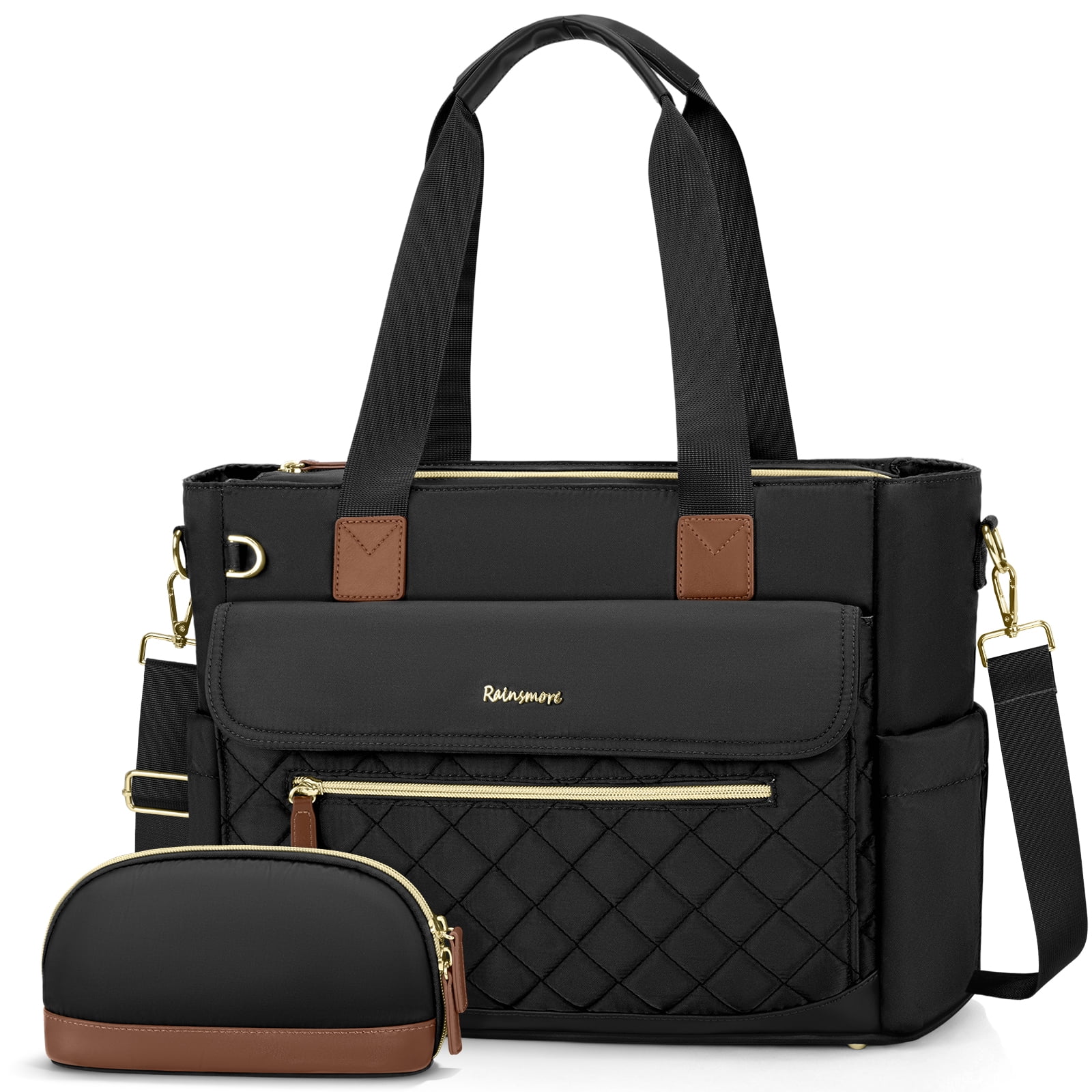 RAINSMORE Teacher Tote Bag 15.6 inch Laptop Bag for Women with Small Bag Professional Work Tote Bags Nurse Bag Computer Briefcase,Black
