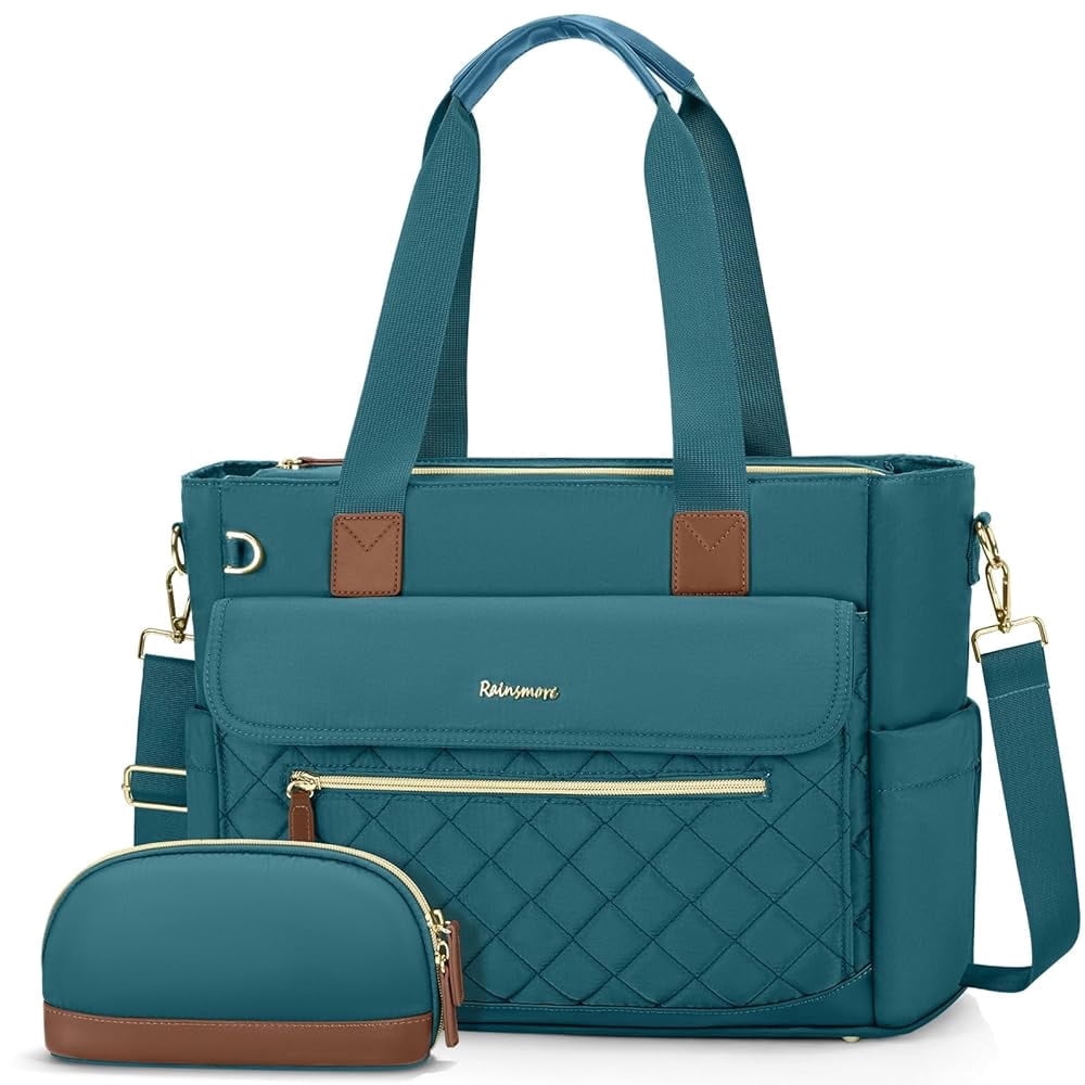 RAINSMORE Teacher Tote Bag 15.6 inch Laptop Bag for Women with Small Bag Professional Work Tote Bags Nurse Bag Computer Briefcase,Dark green