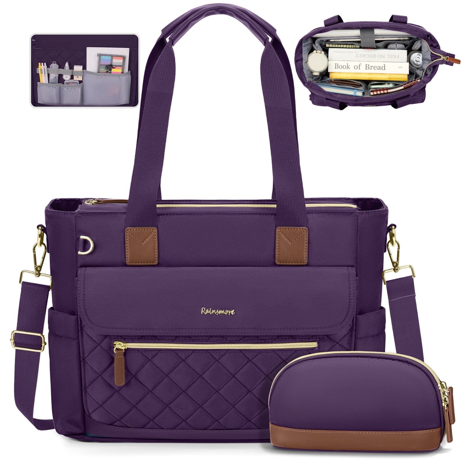 RAINSMORE Teacher Tote Bag 15.6 inch Laptop Bag for Women with Small Bag Professional Work Tote Bags Nurse Bag Computer Briefcase,Deep purple