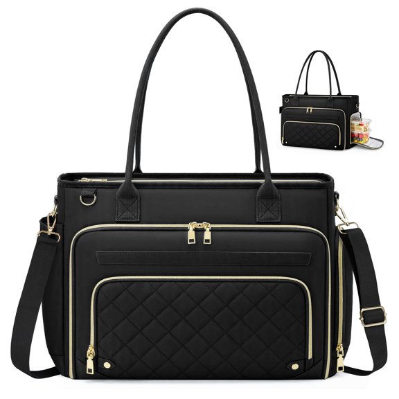 RAINSMORE Teacher Tote Bag with Insulated Lunch Compartment 15.6 inch Laptop Bag for Women with Cup Holder Large Lunch Tote Briefcase Nurse Work Bags,Black